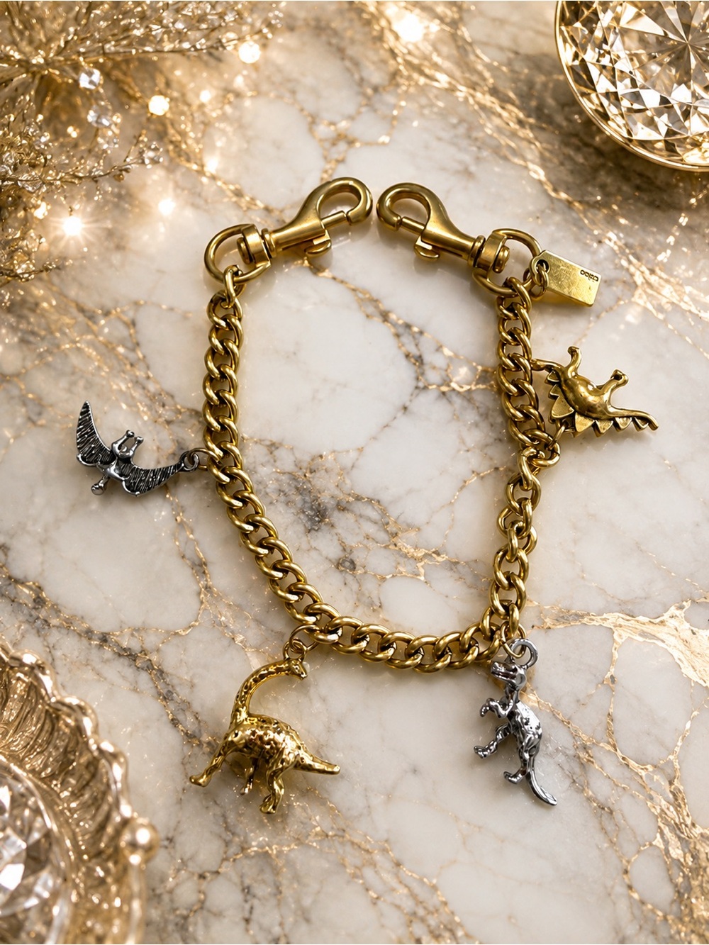 Custom Made Gold Dinosaur Charm Bag Chain Mixed Metal